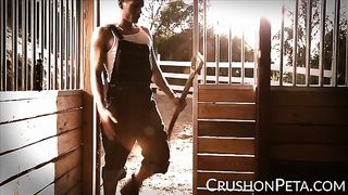 Грудастая девчонка в образе свиньи шалит с кавалером в сарае